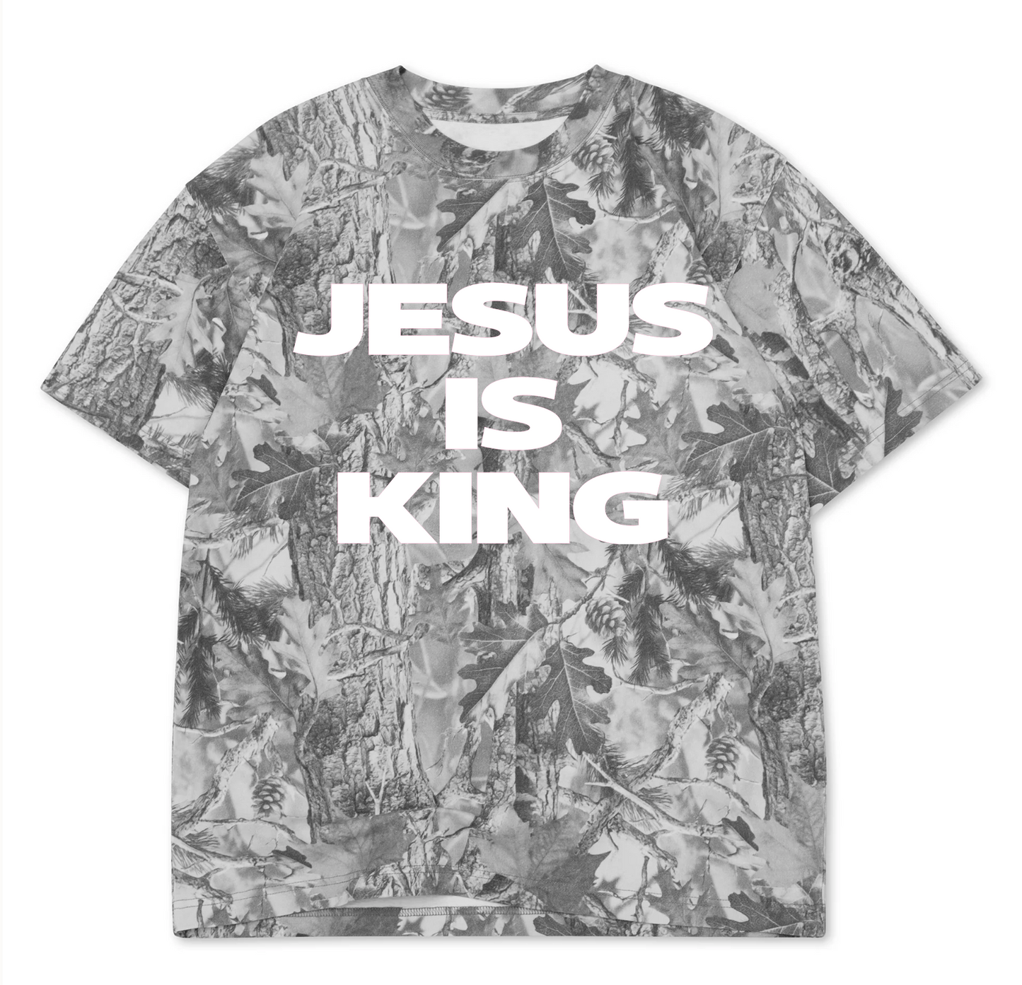 Jesus is King - White _ Oversized Vintage Grey Camo Box S/S Tee 7.5 OZ
