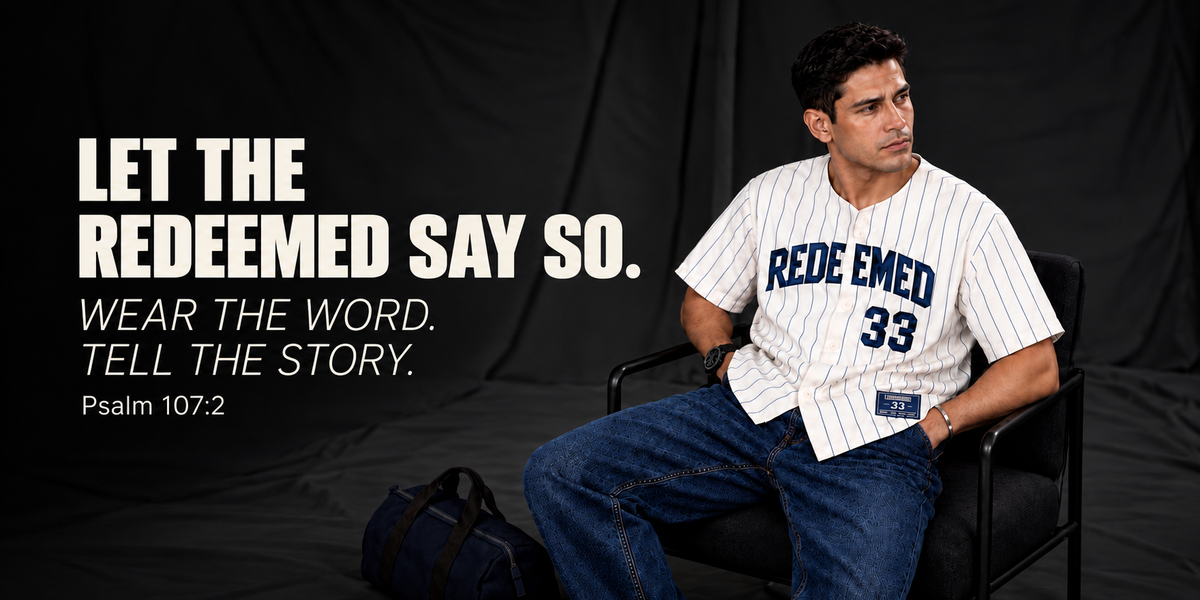 Man in a Redeemed 33 pinstripe jersey beside the text Let the Redeemed Say So. Wear the Word. Tell the Story. Psalm 107:2.