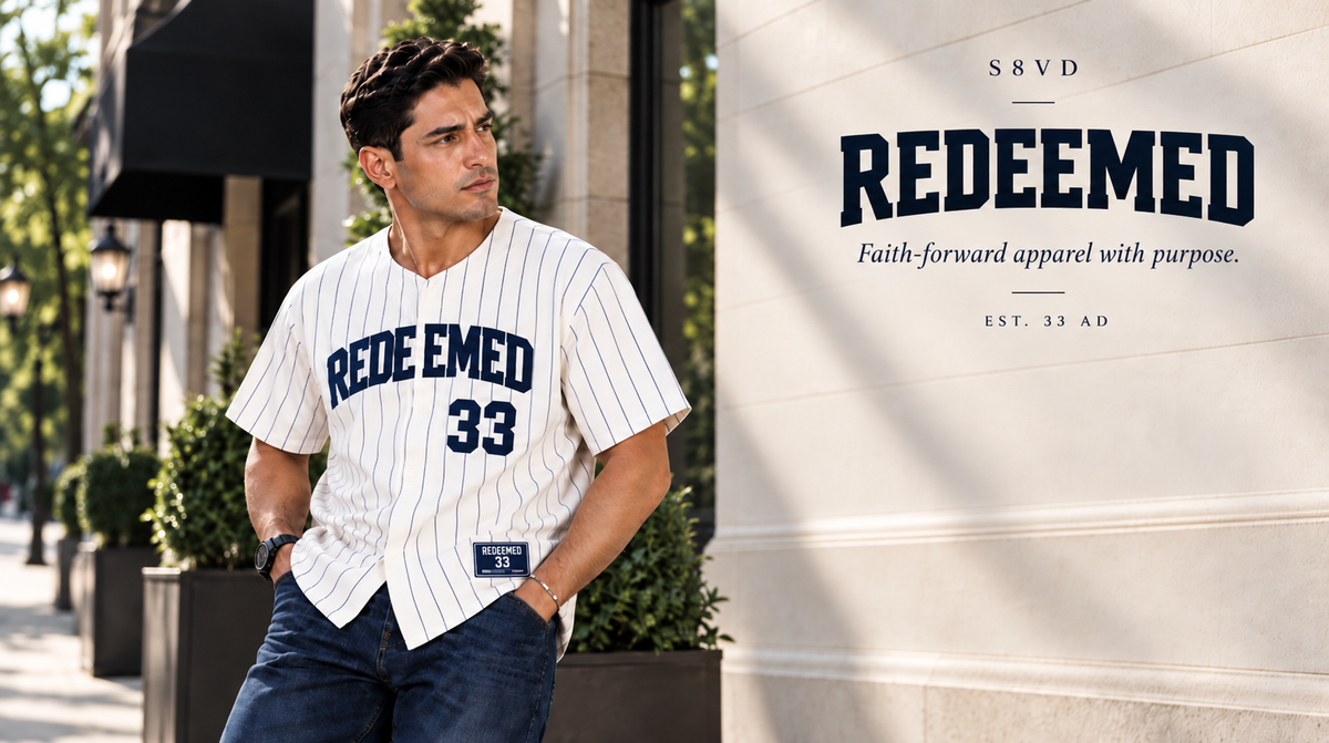 S8VD Redeemed pinstripe baseball jersey worn by a man, with the text Faith-forward apparel with purpose.