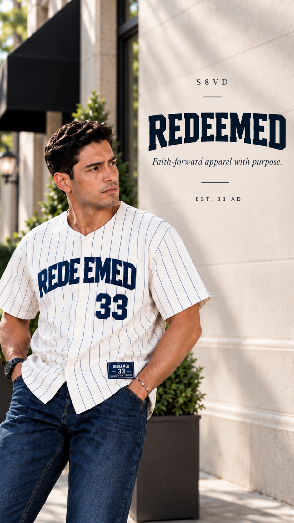 S8VD Redeemed pinstripe baseball jersey worn by a man, with the text Faith-forward apparel with purpose.