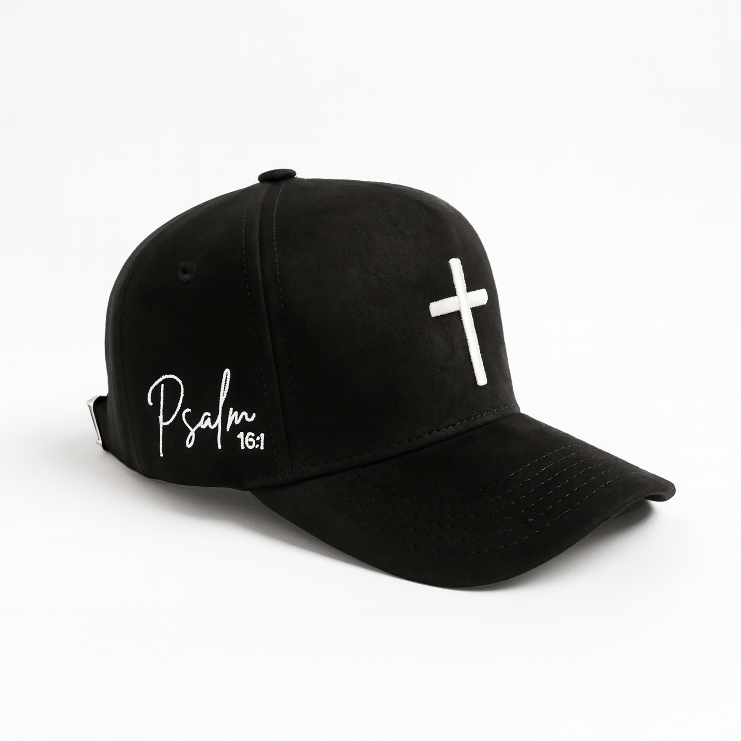 Premium Suede | Gamuza 5-Panel Hat – Cross & Psalm 16:1 Embroidery