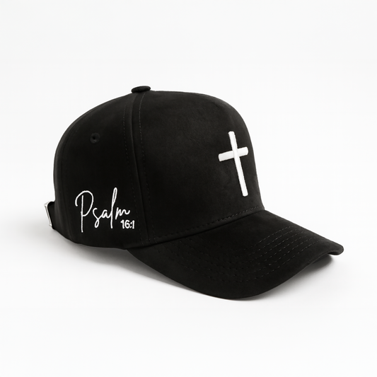 Premium Suede | Gamuza 5-Panel Hat – Cross & Psalm 16:1 Embroidery