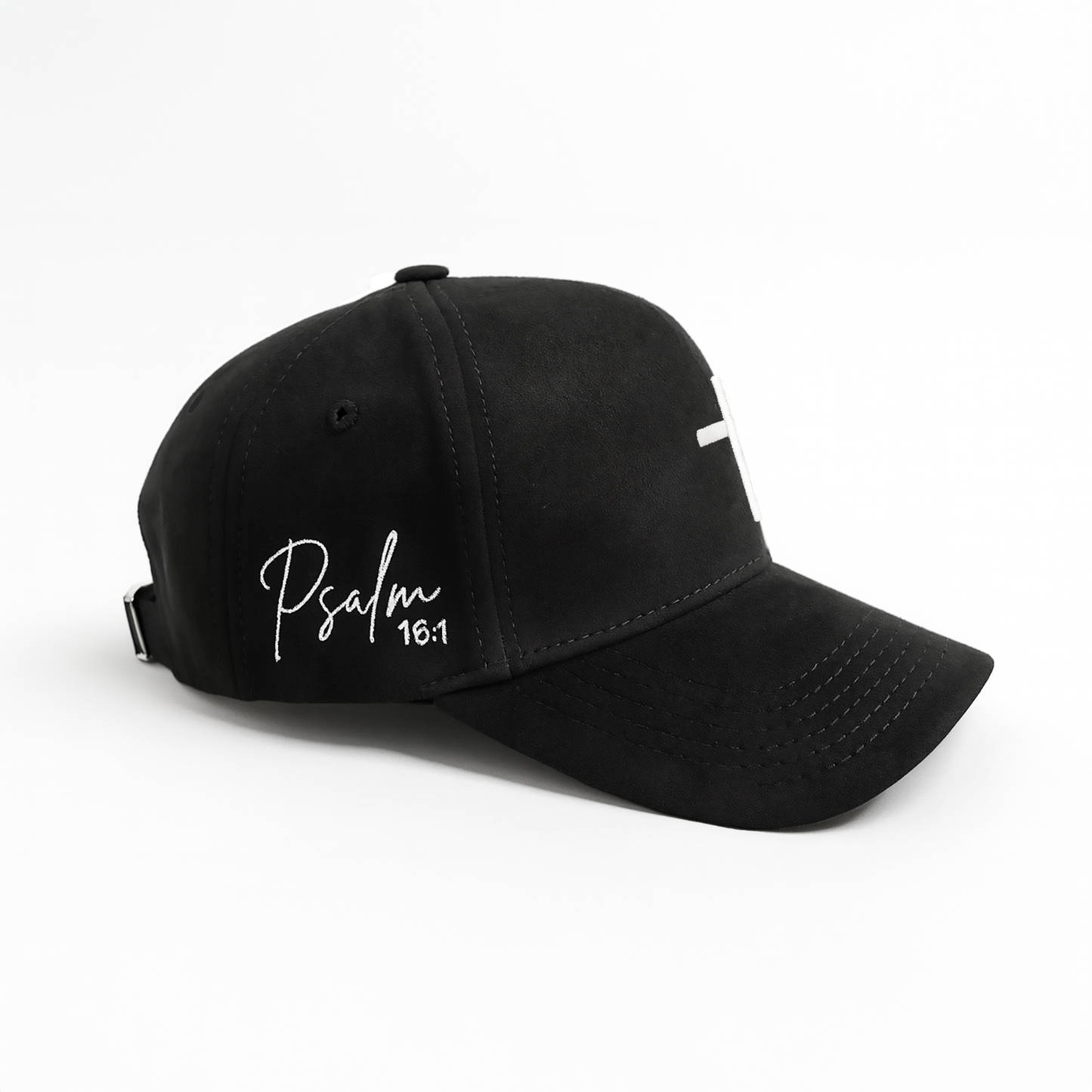 Premium Suede | Gamuza 5-Panel Hat – Cross & Psalm 16:1 Embroidery