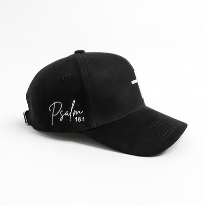 Premium Suede | Gamuza 5-Panel Hat – Cross & Psalm 16:1 Embroidery