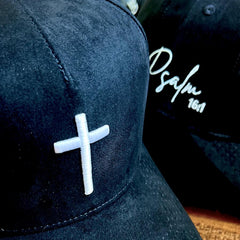 Premium Suede | Gamuza 5-Panel Hat – Cross & Psalm 16:1 Embroidery