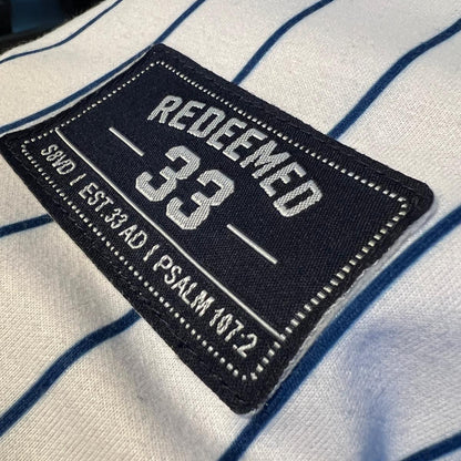 REDEEMED No. 33 pinstripe baseball jersey, S8VD Athletics Collection, view 4