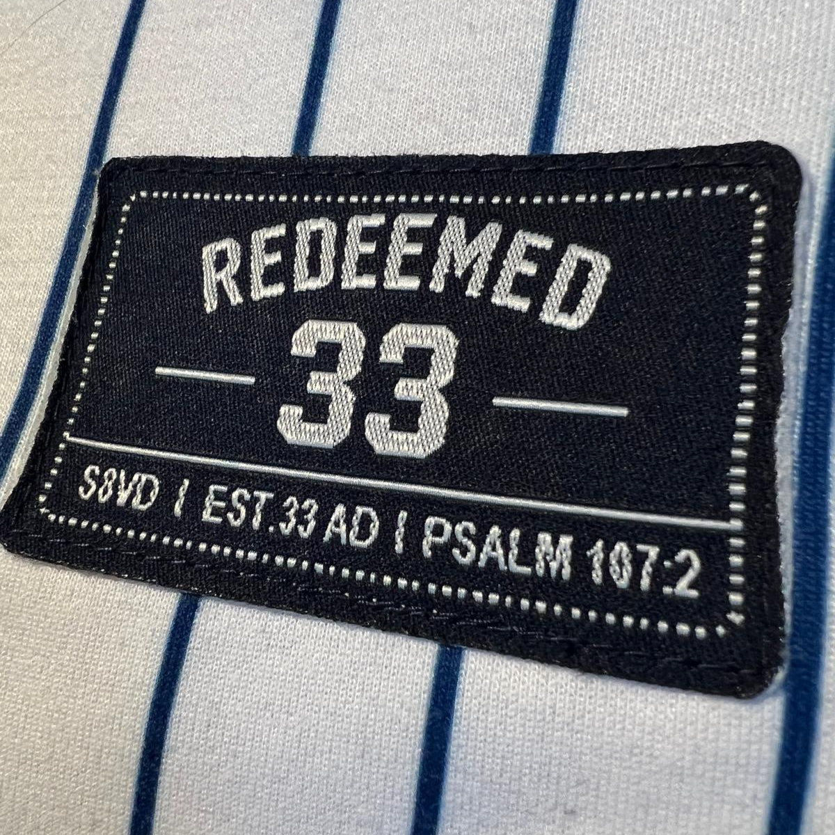 REDEEMED No. 33 pinstripe baseball jersey, S8VD Athletics Collection, view 5