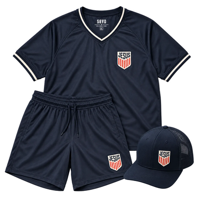 JESUS soccer jersey, shorts, and hat bundle, S8VD Athletics Collection, view 1