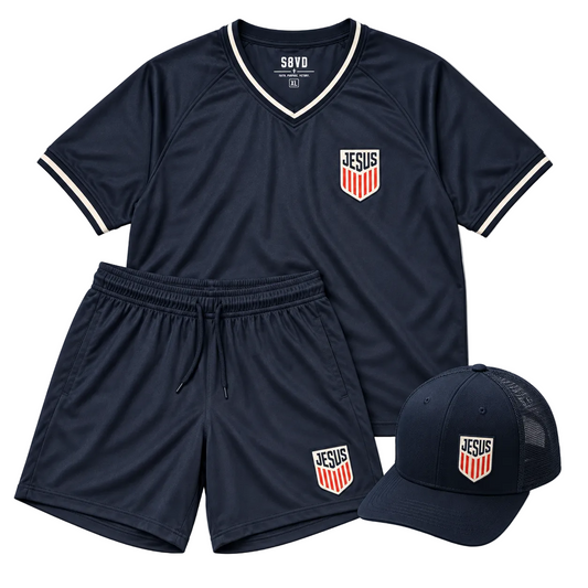 JESUS soccer jersey, shorts, and hat bundle, S8VD Athletics Collection, view 1